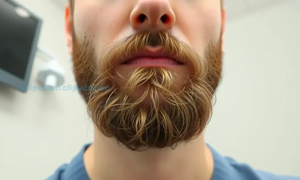 A realistic portrait of a man with a short to medium beard, some hair strands visibly falling in small clumps around his chin and cheeks, a subtle expression of concern. The background shows a neutral indoor setting with soft lighting, hinting at a medical consultation environment without any overt medical equipment. The focus is on the natural texture of the beard and the falling clumps, illustrating the concept of beard hair loss in patches.