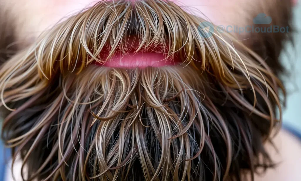 A close-up of a well-groomed beard with split ends visible on individual hairs, showing natural texture and subtle lighting to highlight the frayed tips, no scissors or cutting tools present, beard appears healthy and full length, soft natural background, realistic skin and hair detail