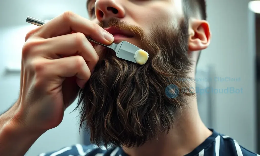 A professional barber applying beard wax to a well-groomed man's beard, focusing on precise application technique with a small metal spatula, showing the wax being spread evenly and shaped into a neat, defined style that holds its form, clean modern bathroom background with soft natural lighting highlighting the product and technique, close-up shot emphasizing texture and application method, no text or numbers visible