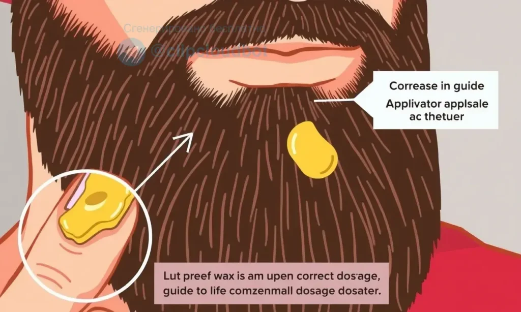 A close-up illustration showing a man's beard with individual hairs visibly stuck together by beard wax, demonstrating proper wax application and distribution, with a small amount of wax on a fingertip and a clear visual guide on correct dosage amount