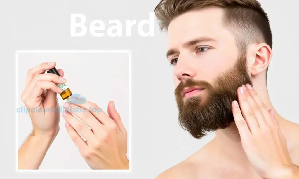 A person applying beard oil to their beard, showing the correct technique with hands massaging the oil into the beard and skin. The background is clean and minimalistic to focus on the action. The person has a well-groomed beard, and the oil is visible as it spreads through the hair.