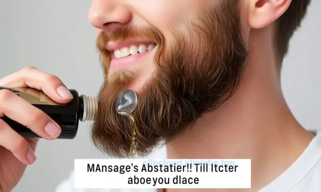 A person applying beard oil to their beard, showing the proper technique. The image should depict a close-up of a hand massaging beard oil into a well-groomed beard, highlighting the absorption and texture. The background should be neutral and blurred to focus on the action. The person should have a clean, styled beard and look satisfied with the result.