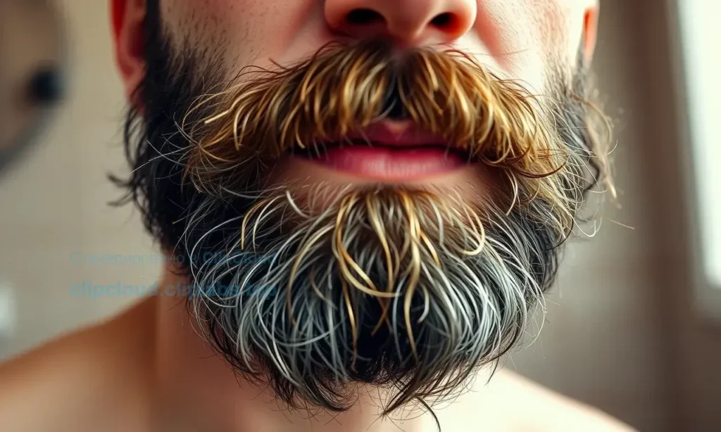 A close-up of a man's face showing a beard that appears messy and unkempt despite daily grooming, with visible stray hairs, uneven texture, and patchy areas, set against a neutral bathroom background with soft natural lighting, emphasizing the contrast between effort and result