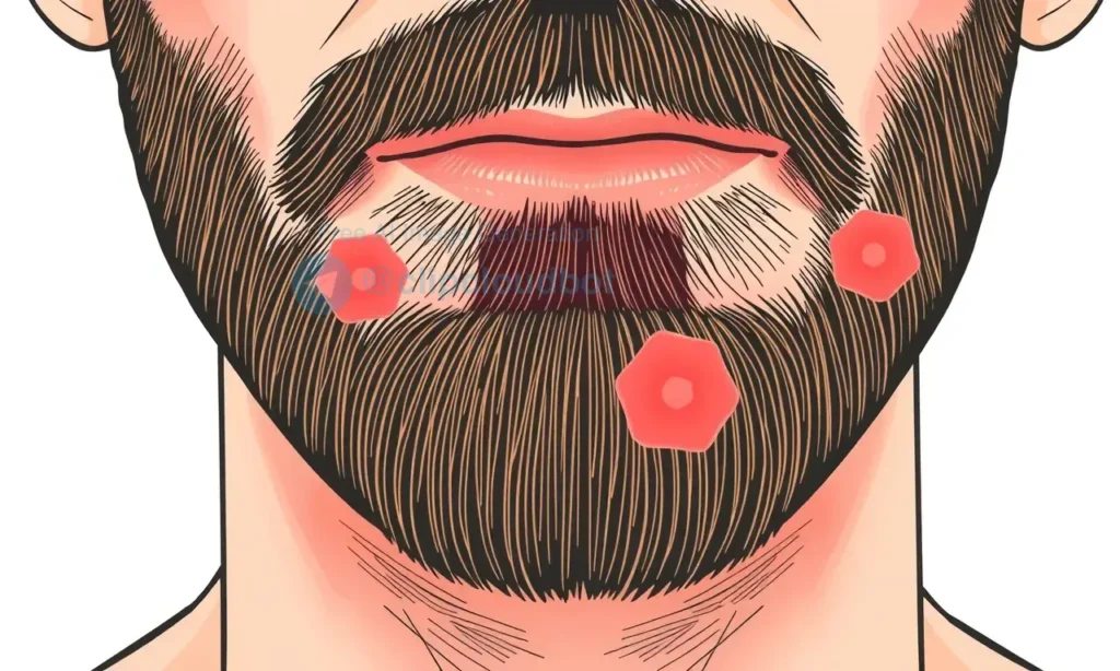 A close-up illustration showing a man's face with a beard, focusing on the skin under the beard area, with visible signs of clogged pores and irritation caused by cosmetic overload, depicted in a clear, educational style with detailed skin texture and redness indicators