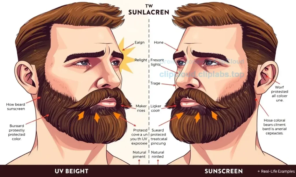 A detailed illustration showing a man's face with a beard, comparing two halves: one side exposed to sunlight showing lighter beard color due to UV bleaching, and the other side protected with sunscreen showing natural pigment, with expert annotations and real-life examples of beard care routines