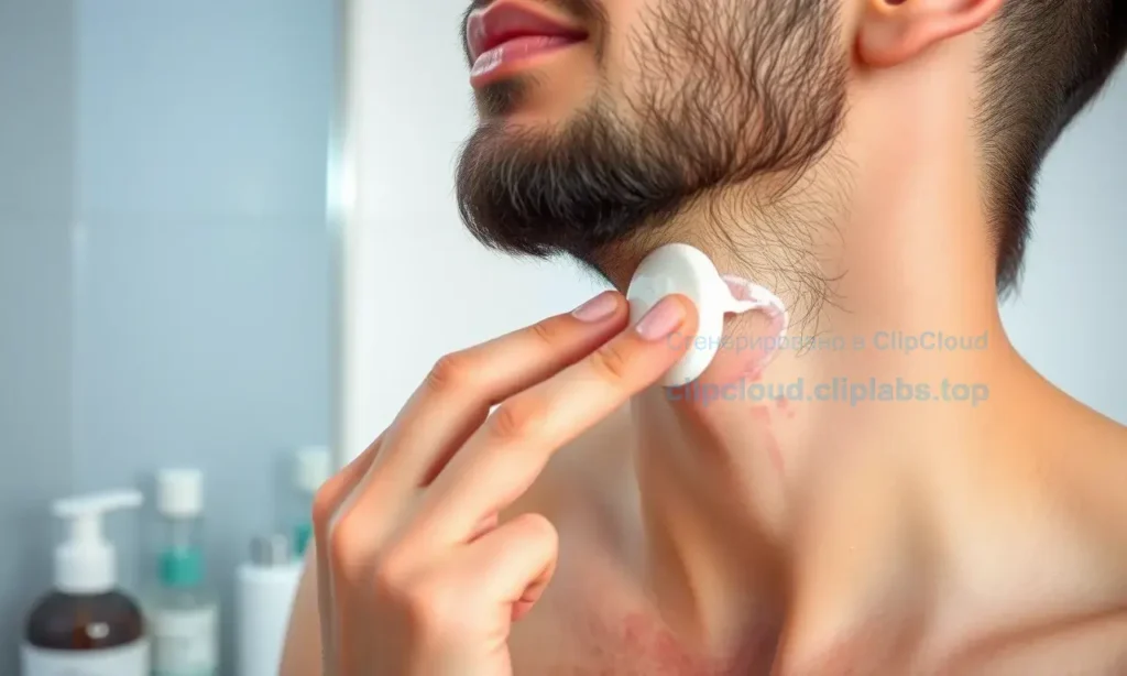 A person with a beard experiencing itching and dryness under the beard area. Show the skin texture with visible dry patches, redness, and slight irritation. Include a hand applying a moisturizing cream or balm to the affected area. Depict a clean, well-lit bathroom environment with skincare products in the background. Focus on natural skin tones and realistic details.
