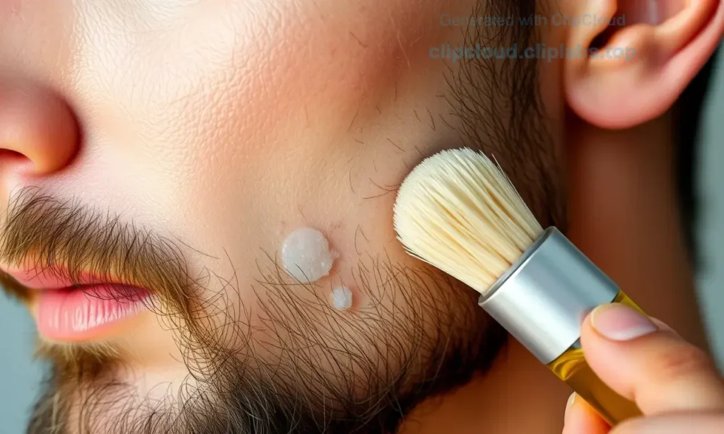 A close-up of a man's beard area with healthy, natural skin tone and no redness or irritation, showing proper beard care routine with a clean beard brush and natural oil bottle nearby, soft natural lighting, realistic skin texture, no text or symbols on skin