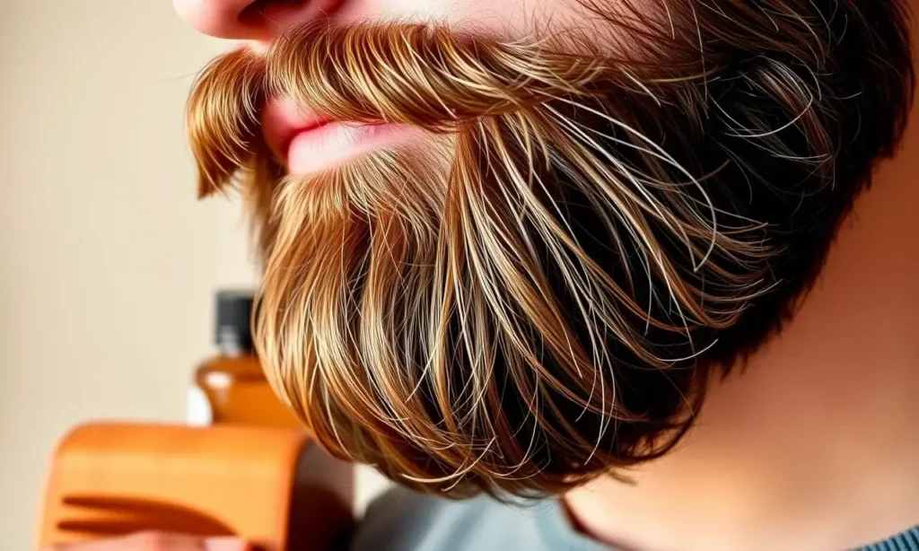 A close-up of a well-groomed beard with healthy, smooth hair tips, showing no split ends, set against a soft neutral background. The beard is slightly oily to reflect natural sheen, with individual hairs clearly visible and aligned neatly. A small bottle of beard oil and a wooden comb rest gently nearby, suggesting a holistic care routine. Warm, natural lighting enhances the texture and health of the facial hair.