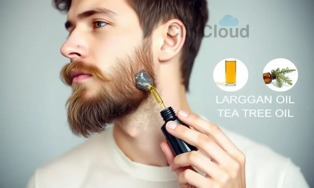 A man with a beard using a beard oil bottle, showing the oil being applied to the beard and skin, with a focus on natural ingredients like jojoba oil, argan oil, and tea tree oil, in a clean and minimalistic setting
