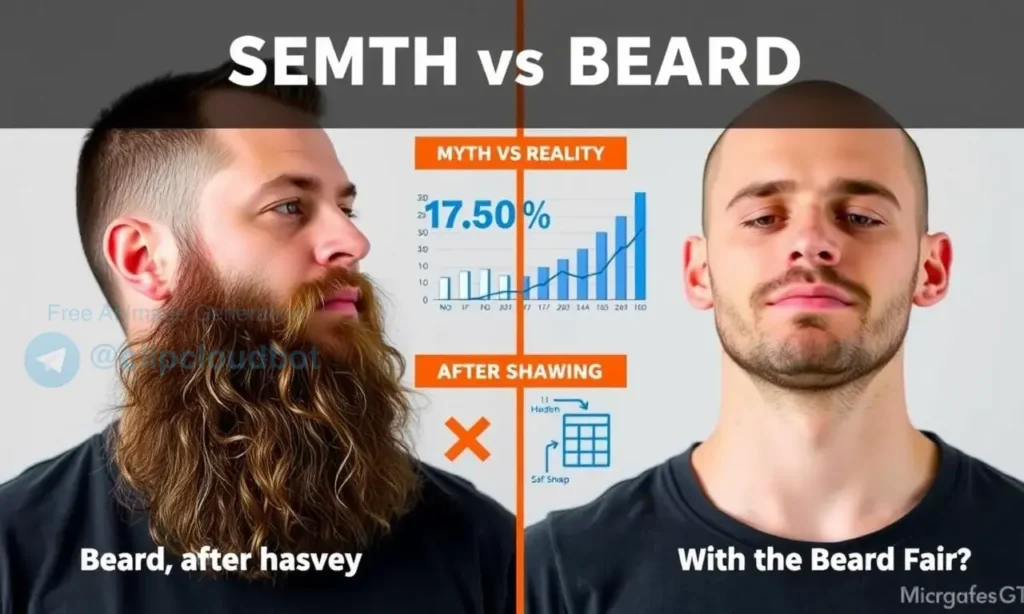 A split-screen infographic showing a man with a full beard on the left and a man with a shaved face on the right, with scientific data charts and graphs in the background illustrating the myth vs reality of beard density and growth after shaving, in a clear educational style
