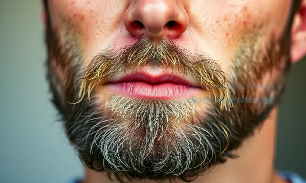 A close-up of a man's face showing patchy and uneven beard growth, with some areas having thick hair and others sparse or bare, natural skin texture visible, soft daylight lighting, realistic portrait style