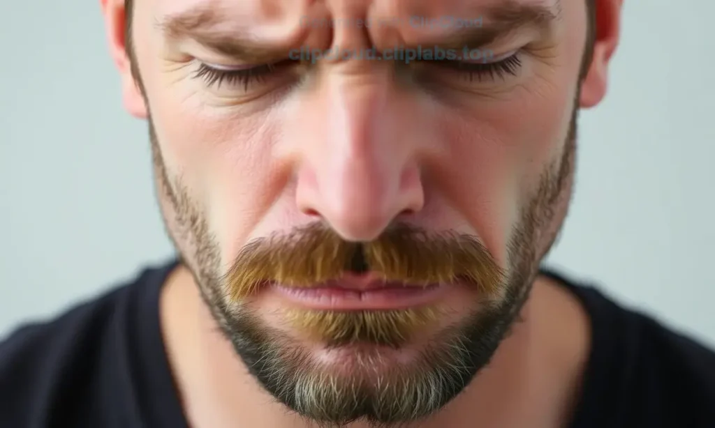 A close-up portrait of a man with a well-groomed beard and mustache, showing subtle signs of concern or discomfort related to unpleasant odor, natural lighting, realistic skin texture, detailed facial hair, no text or symbols, clean background