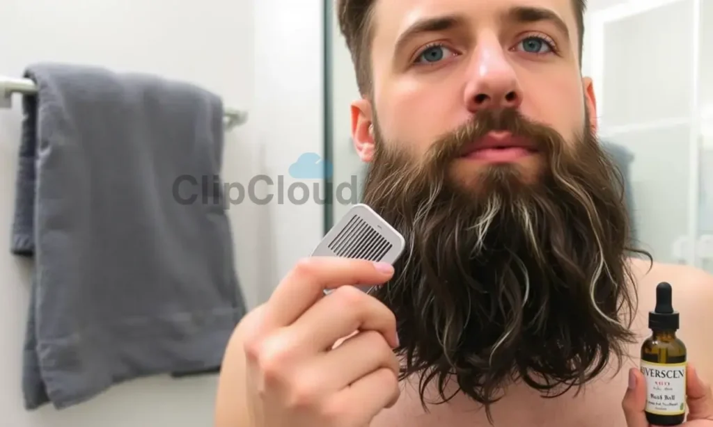 A man with a neatly trimmed beard, looking clean and well-groomed, preparing for beard growth. He is in a bathroom, holding a beard comb and applying beard oil. The background includes a mirror, a towel, and a bottle of beard oil. The image should show the process of beard preparation for growth, emphasizing cleanliness and grooming.