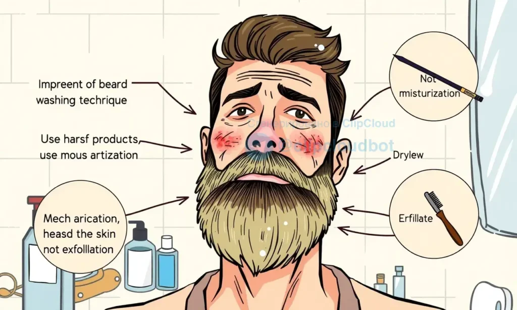 A detailed illustration of a man with a beard, showing common grooming mistakes that can harm the skin. The image should depict improper beard washing techniques, using harsh products, neglecting moisturization, and not exfoliating. The man should have visible skin issues like dryness, redness, and irritation around the beard area. The setting should be a bathroom with grooming products scattered around, highlighting the incorrect usage.