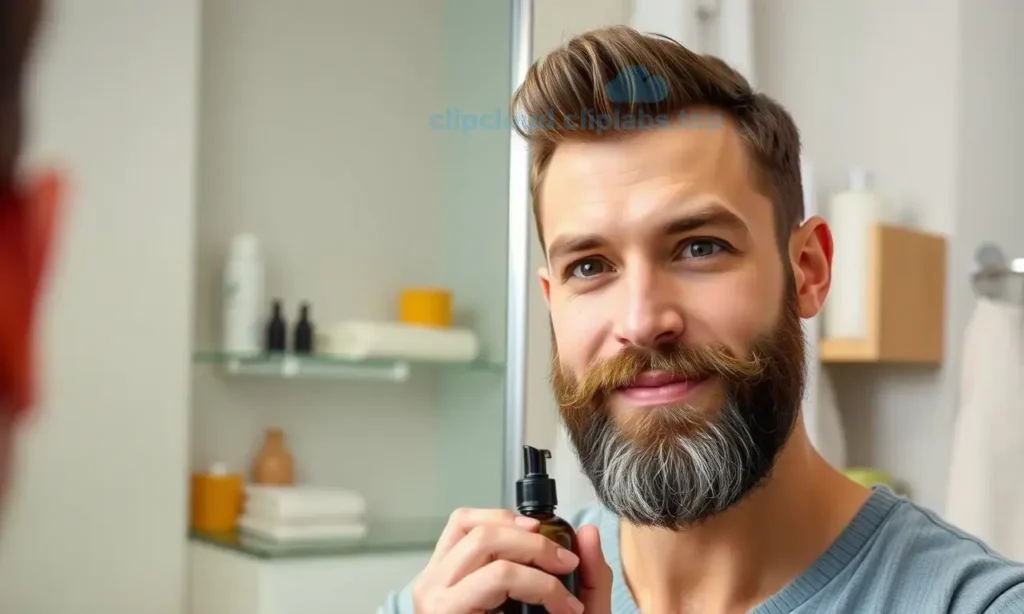A man with a neatly trimmed beard, looking healthy and well-groomed, standing in front of a mirror in a bathroom, holding a beard care product bottle, with a clean and organized background, soft lighting, high quality