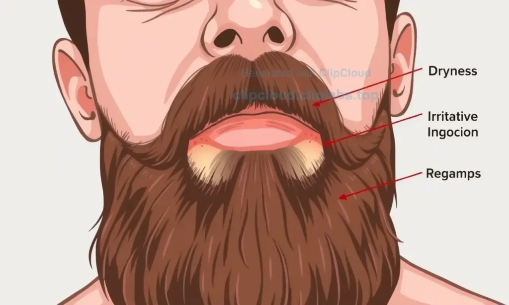 A detailed illustration of a man with a beard, showing the skin underneath. The image should highlight common mistakes in beard care, such as dryness, irritation, and ingrown hairs. The man should have a well-groomed beard but with visible signs of skin issues like redness, flakiness, and bumps. The focus should be on the skin under the beard to emphasize the importance of proper skincare in beard maintenance.
