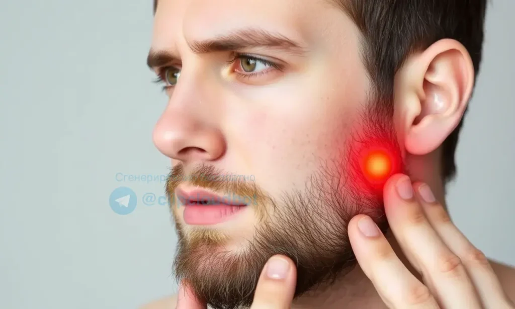 A person with a beard experiencing a burning sensation under the beard after applying cosmetic products. Show the skin irritation with redness and slight swelling, but no visible text or numbers. The person should be looking concerned at the affected area.