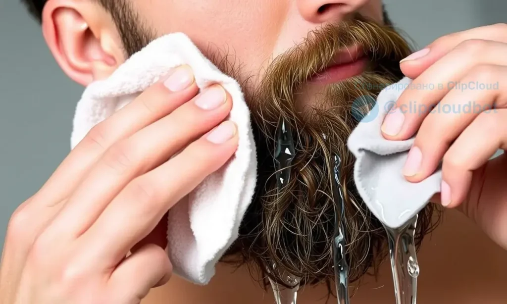 A person cleaning wax residue from a beard using a soft cloth and warm water, showing the beard free of wax buildup. The scene should depict a clean, well-groomed beard with no wax remnants, emphasizing the result of proper cleaning.