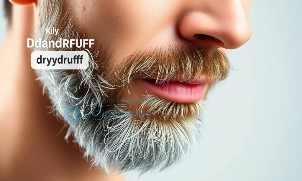 A close-up of a man's face and beard showing dry, flaky skin (dandruff) on the beard and facial skin, realistic medical illustration style, neutral background, no text or symbols