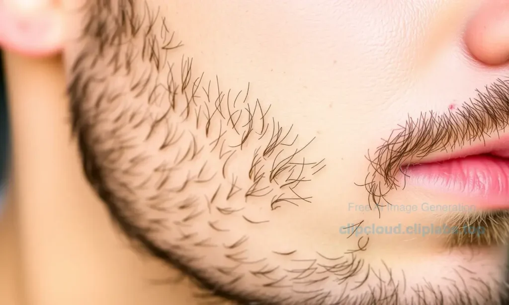 A close-up of a well-groomed male beard with subtle ingrown hairs visible as small red bumps beneath the skin, showing natural skin texture and short facial hair, soft natural lighting, no text or symbols