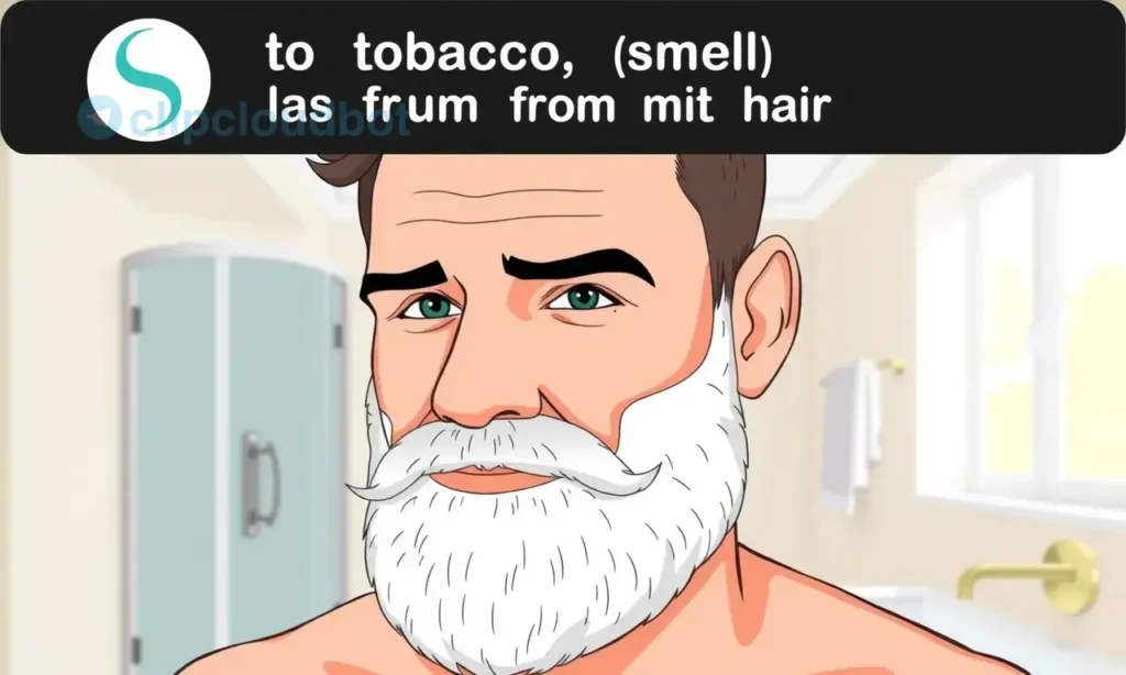 A man with a beard, showing a fresh, clean appearance with no visible smoke or tobacco residue, standing in a bright, clean environment like a bathroom or kitchen, with a subtle visual cue like a fresh air symbol or clean air icon to represent removing tobacco smell from hair, in a clear, high-quality illustration style