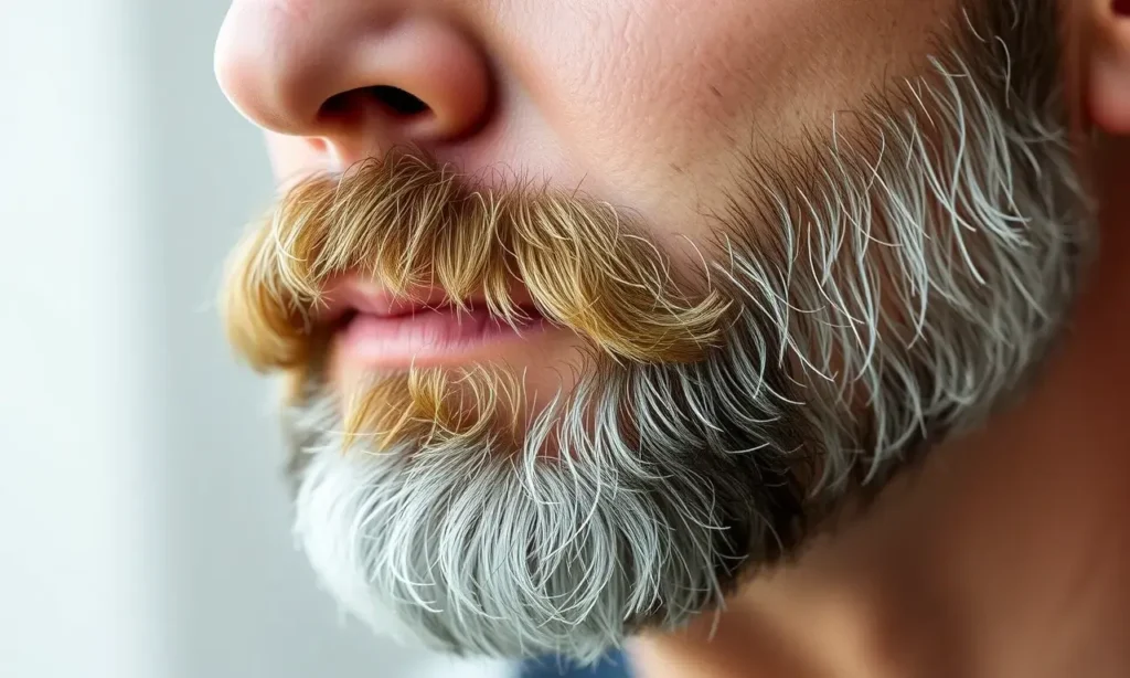 A realistic close-up of a man's face showing a slowly growing beard after age 35, with subtle signs of slower growth such as patchy areas and thinner strands, natural lighting, detailed skin texture, no text or symbols