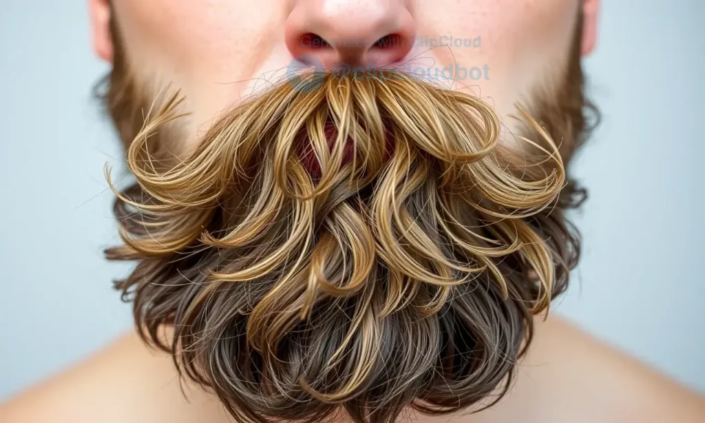 A close-up of a man's beard that looks coarse and stiff, with visible individual hairs standing out sharply. The beard should be shown in a natural setting, perhaps on a man's face with a neutral expression, emphasizing texture and rigidity. The lighting should highlight the roughness of the hair without any salon products or artificial smoothing. Background should be simple and unobtrusive, focusing solely on the beard's texture.