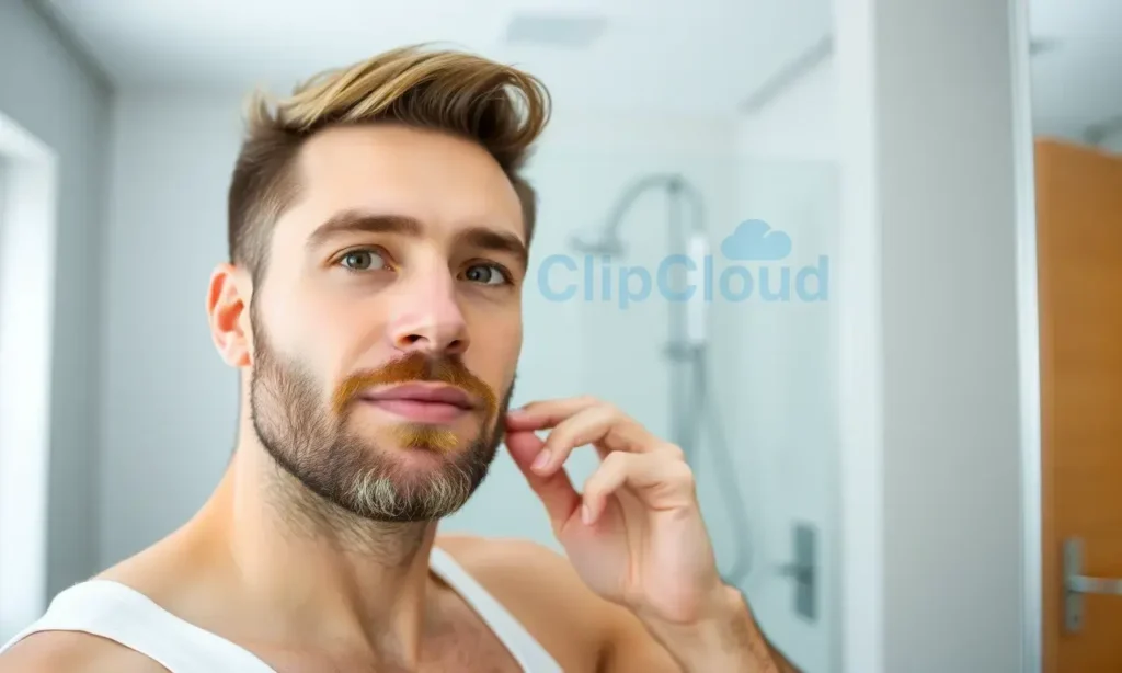A man with a neatly trimmed beard, looking refreshed and well-groomed after waking up, standing in front of a mirror in a modern bathroom, soft natural light, clean and tidy appearance, focus on facial hair grooming