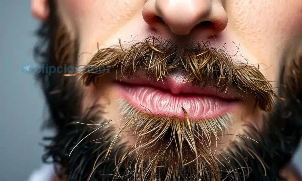 A close-up of a man's face showing natural clumps of beard hair falling out, with a few loose strands floating in the air, realistic skin texture, neutral background, no text or symbols