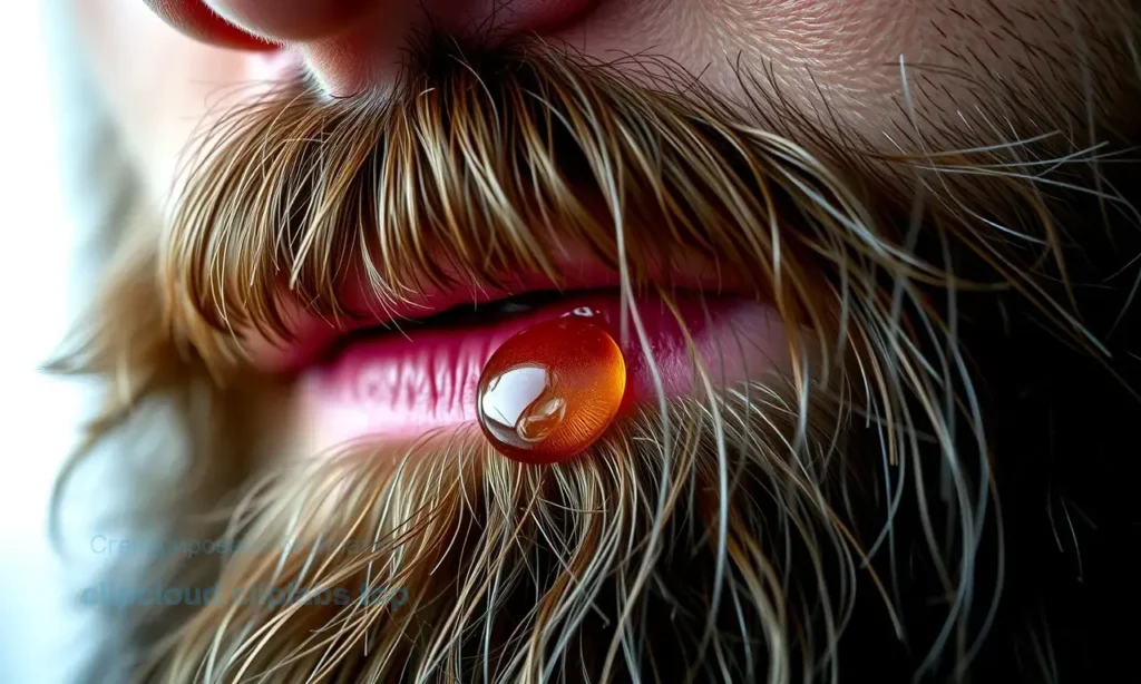 A close-up of a well-groomed man's beard with a few drops of beard oil glistening on the hair, showing a subtle oily sheen but no excessive greasy shine, natural lighting, realistic skin texture, high detail, 1280x720 resolution