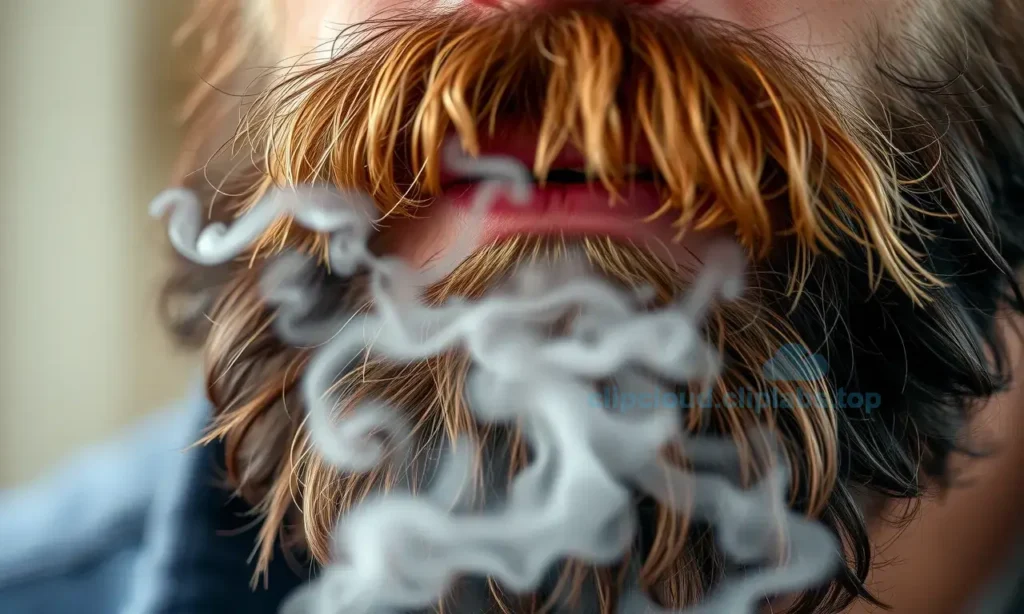 A close-up of a man's beard with visible smoke particles fading away, clean hair strands, no visible smoke or ash, natural lighting, realistic texture, no text or symbols