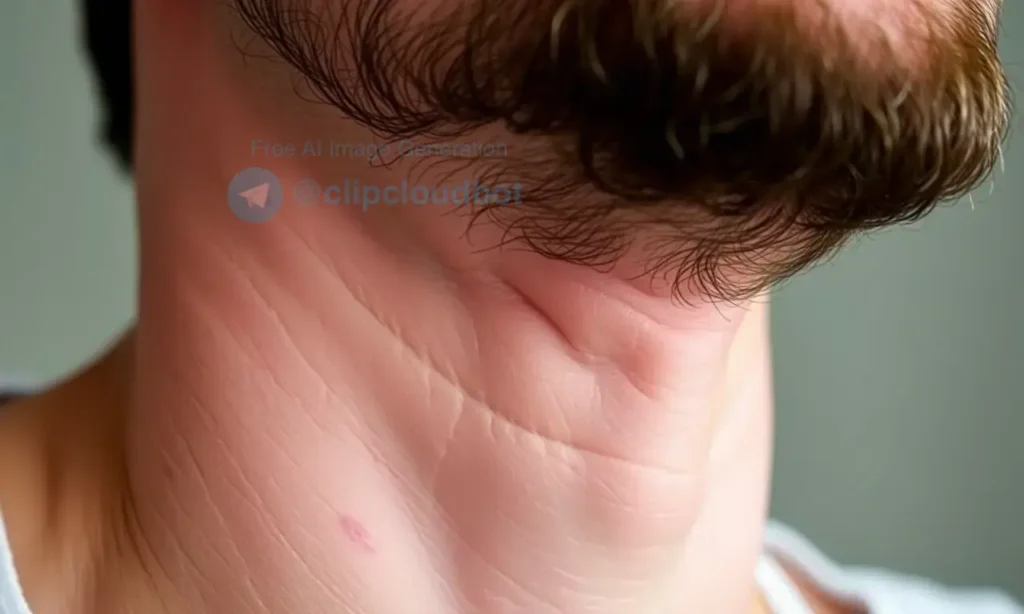 A close-up of a man's face showing skin pulled taut under his beard, with slight redness and irritation around the jawline, indicating discomfort. The skin appears slightly stretched and tender, with natural lighting highlighting texture and subtle signs of irritation. The background is softly blurred, focusing on the facial area. No text, symbols, or additional elements should be present.