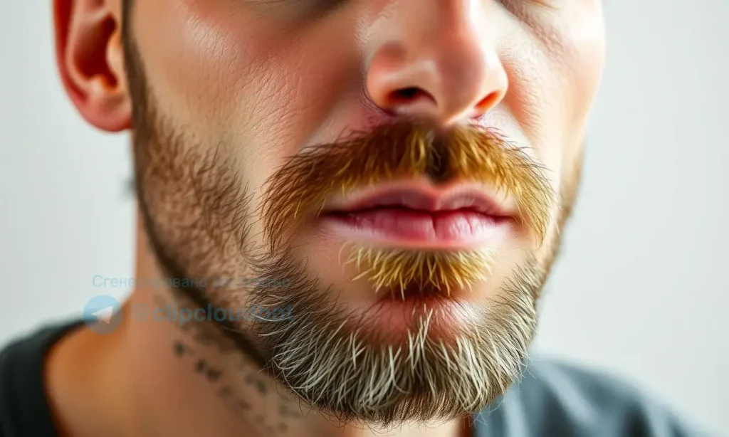 A close-up portrait of a man in his mid-30s to early 40s with a slowly growing beard, showing subtle stubble and early beard development on the jawline and chin, natural lighting, realistic skin texture, neutral background, no text or symbols, no words or letters visible