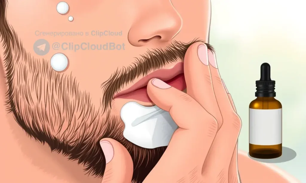 A close-up illustration of a person with dry and sensitive skin gently touching their face while growing a beard, showing proper skincare routine with soothing moisturizer and beard oil application, soft natural lighting, detailed skin texture, calm and educational mood, no text or numbers