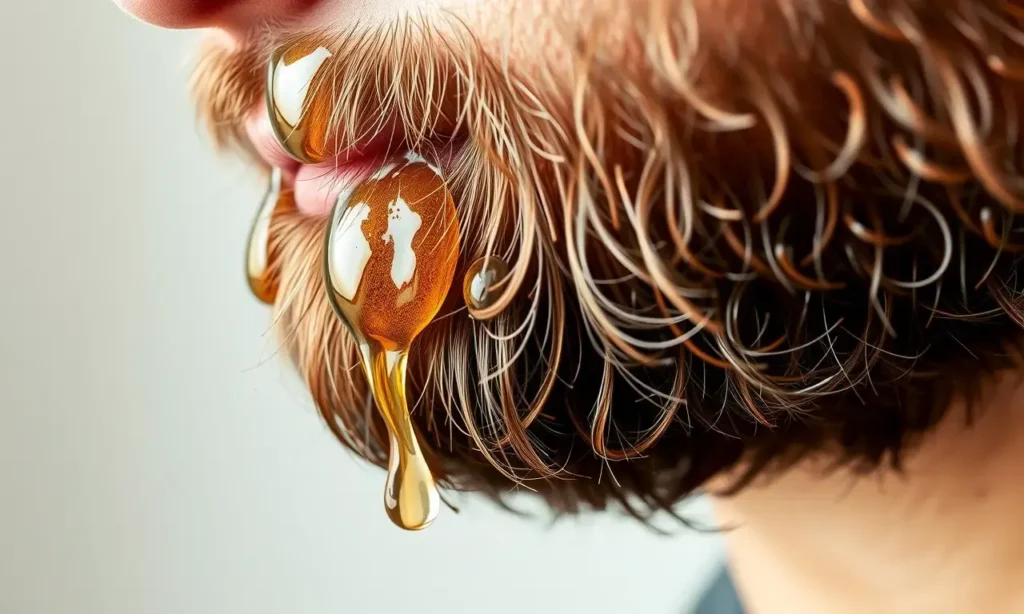 A close-up of a well-groomed man's beard with droplets of oil and wax on the hair, natural lighting, realistic texture, no text or symbols