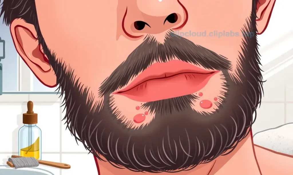 A close-up illustration of a man's face with a beard showing common grooming mistakes: ingrown hairs, red irritated skin, patchy beard growth, and visible razor burn, with subtle visual cues like a dirty comb, overused oil bottle, and rough towel nearby, all in a clean, well-lit bathroom setting with soft natural light