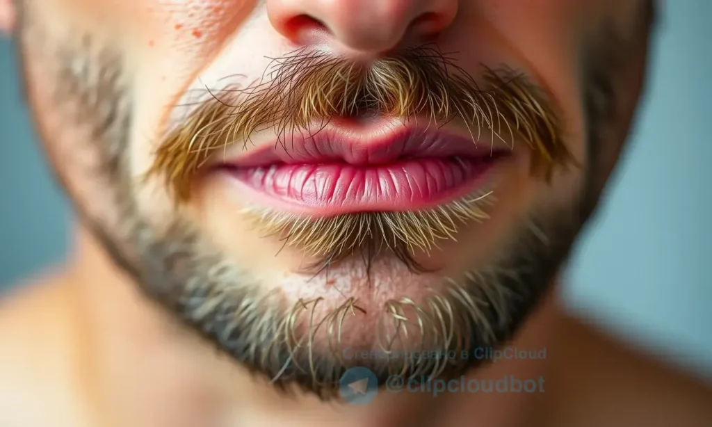 A close-up of a man's face showing skin under the beard that is slightly pulled and appears irritated, with gentle redness and tension, natural lighting, realistic skin texture, no text or symbols, no medical equipment, no exaggerated effects