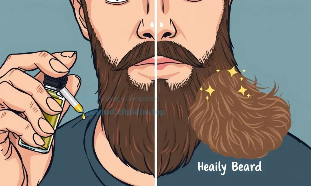 A detailed illustration showing a man applying beard oil daily, with close-up views of the oil bottle, dropper, and beard texture, alongside a split-screen comparison of healthy versus dry beard conditions, emphasizing the oil's ingredients and effects on daily use