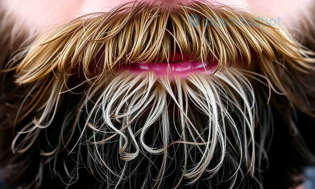 A close-up of a man's beard showing darker roots and lighter tips, realistic detail, natural lighting, no text or symbols