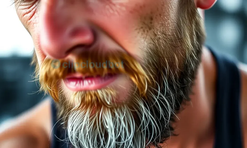 A close-up of a man's well-groomed beard during a workout, with light sweat visible on the skin beneath the beard, natural lighting, realistic texture, no facial expressions of discomfort, focus on beard care and hygiene in an athletic context