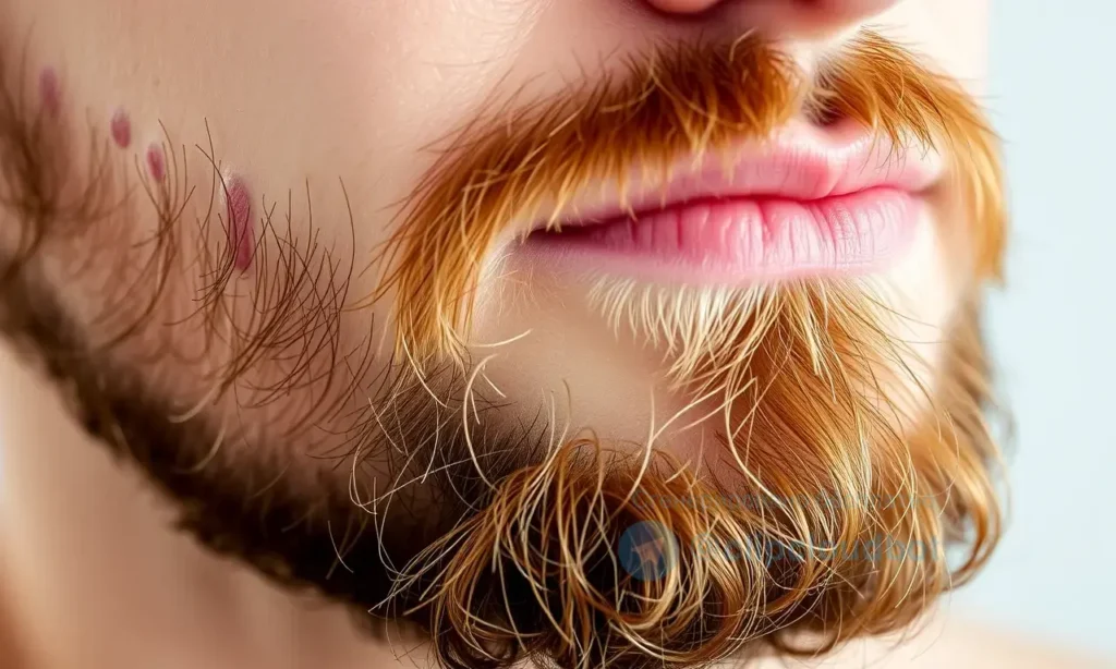 A close-up of a man's beard area with mild redness and slight irritation on the skin, showing natural skin texture and subtle signs of allergic reaction, no text or symbols on the skin, realistic skin details, soft natural lighting