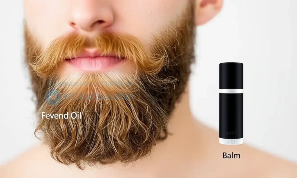 A man's beard with a natural, healthy appearance, showing the difference between oil and balm. The beard should look well-groomed, soft, and slightly shiny, with subtle highlights to indicate texture. Include two small labeled sections: one with a drop of oil and the other with a balm stick, demonstrating application. Keep the background simple and neutral to focus on the beard and products.