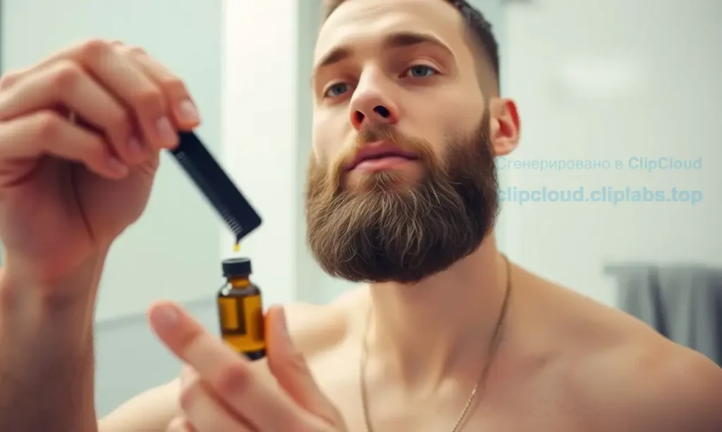 A man preparing his beard for growth using a beard comb and beard oil, with a clean and healthy beard, in a well-lit bathroom setting, showing the tools and process of beard preparation