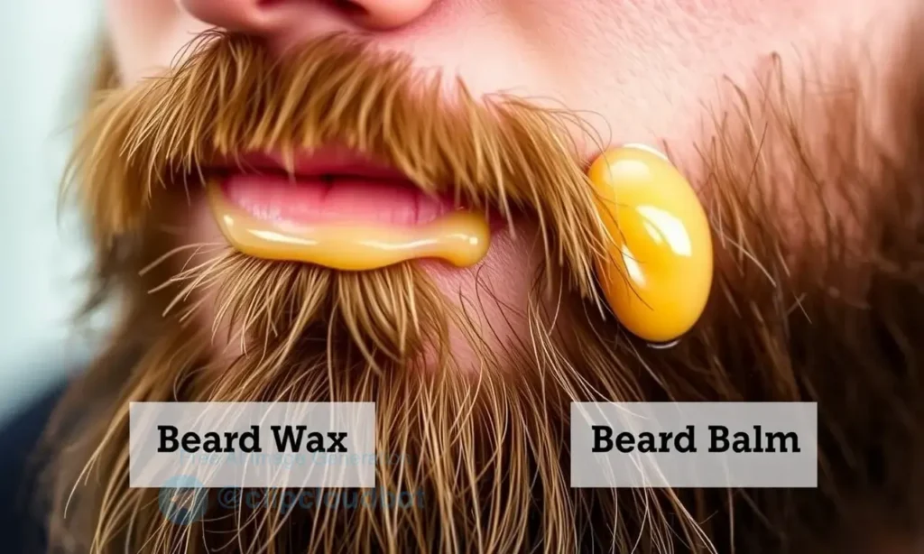 A close-up of a man's beard with a small section showing both beard wax and beard balm applied to different areas. The wax should appear solid and glossy, while the balm looks softer and more spreadable. Include subtle textures like beard hairs and skin in the background to emphasize daily grooming.