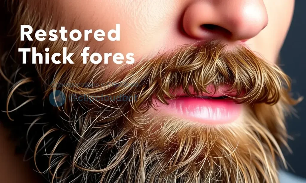 A close-up of a healthy, full beard on a man's face, showing dense, well-groomed facial hair with natural texture and detail, symbolizing restored beard thickness and vitality