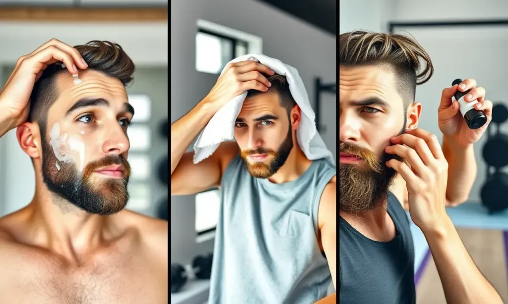 A well-groomed man with a neatly trimmed beard is shown in three sequential panels: first, washing his face and beard with a gentle cleanser before a workout; second, wiping sweat from his forehead with a clean towel during a gym session, keeping his beard dry and untouched; third, applying beard oil and combing his beard after a shower post-workout. The setting is a modern, clean home gym with natural light, minimal equipment visible (dumbbells, yoga mat), and a calm, focused atmosphere. The ma