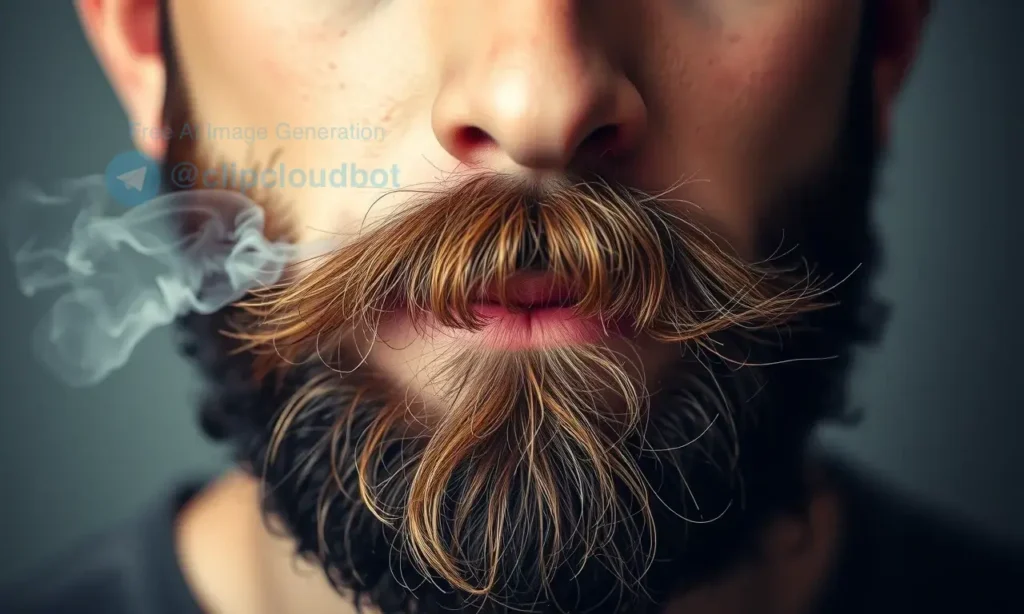 A man with a beard, close-up view, showing the beard clearly, with a subtle visual effect indicating unpleasant tobacco odor (like faint smoke wisps or a hazy aura around the beard), clean background, realistic style, no text, no letters or digits