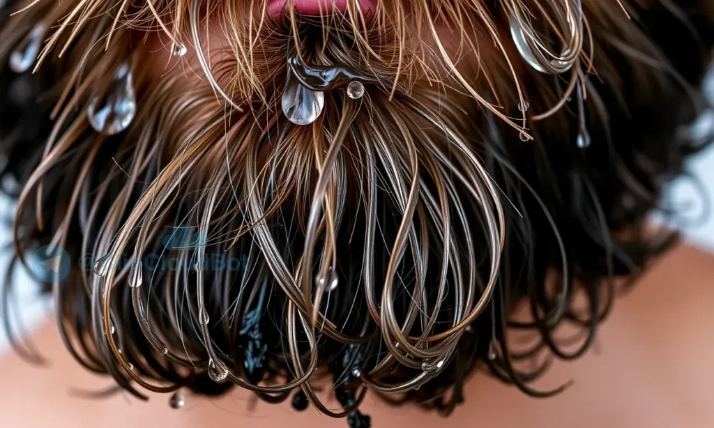 A close-up of a freshly washed beard with visible water droplets, showing strands of hair that appear slightly darker and damp, emphasizing texture and natural oils. The background is neutral and blurred to focus on the beard's appearance.
