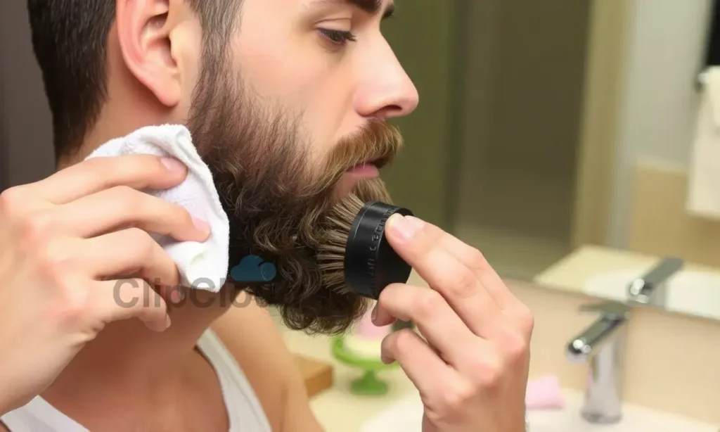 A person cleaning wax from a beard using a soft cloth or brush, with a mirror and sink in the background. Show the process of gently removing wax without leaving residue, in a clean and hygienic bathroom setting.