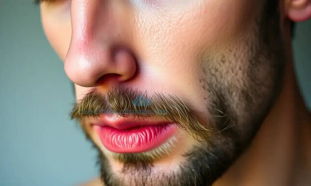 A close-up of a man's face showing tight, slightly reddened skin under the beard, subtle irritation, natural lighting, realistic skin texture, no text or symbols